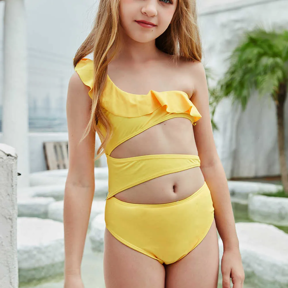 2021 maillot de bain une pièce irrégulier pour 5 ~ 10 ans enfants filles Biquini Vintage solide maillots de bain été Rufflle vêtements de plage