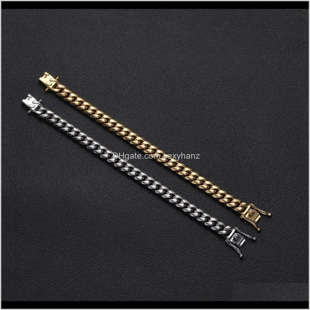 12mm hip hop chain bracelet men`s charm jewelry cuba  stainless steel rock style round grinding