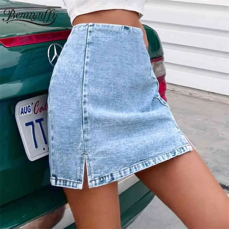 【suzen】Konaki y2k zipper banding skirt Y2K High Waist Zipper Back Split Denim denim skirt - Women&