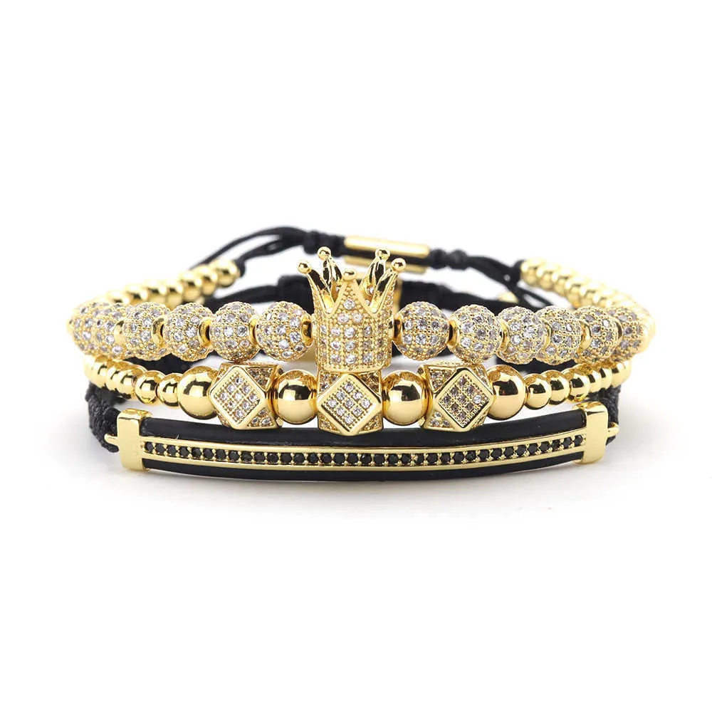 3pcs/set Gold Luxury CZ crown Charm beads bracelet stacks handmade Macrame men bracelets & bangles for Men Jewelry accessories 210609