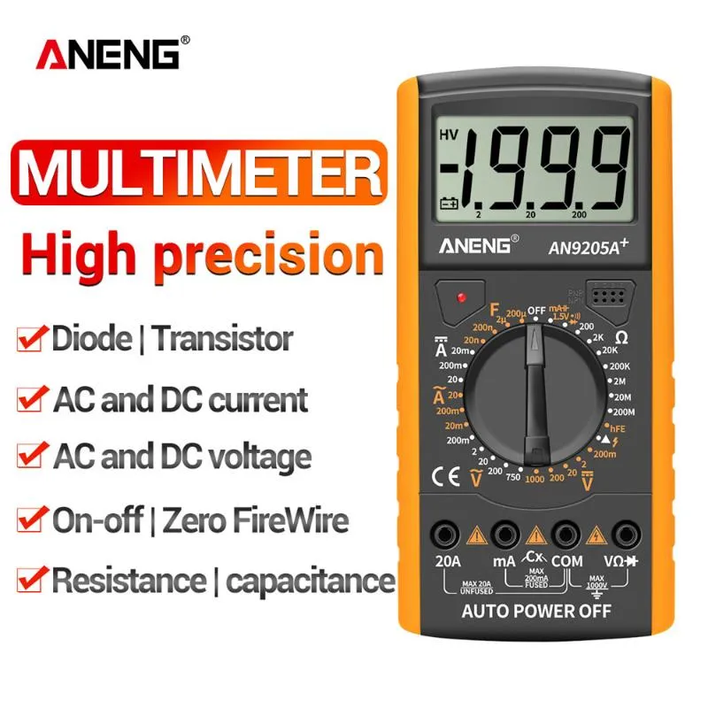 Multimètres AN9205A AC DC Multimètre numérique Test Voltmètre Résistance Capacité LCD Affichage 2000 Comptes Transistor Diode Mètre Testeur