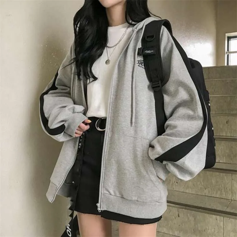 Zip-up Harajuku Zgłoszony Bluzy Dla Kobiet Odzież Z Kapturem Z Długim Rękawem Jumper Z Kapturem Regular Płaszcz Casual Koreański Styl Bluza 210928