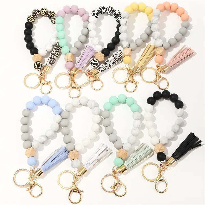 11 Colors Wooden Tassel Bead String Bracelet Keychain Food Grade Silicone Beads Bracelets Women Girl Keyring Wrist Strap Key Ring