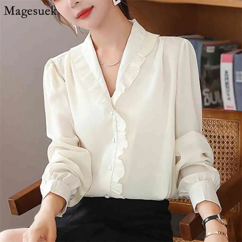 Puff Sleeve Vintage Chiffon Blouse Women Ruffled Pleated V-neck Cardigan White Shirt Fashion Office Blouses 11592 210512