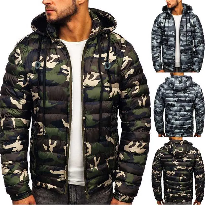 ZOGAA Mäns Camouflage Puffer Jacka Windbreaker Casual Sports Vinter Mode Tryckt bomull Hooded Parka Coat 211214