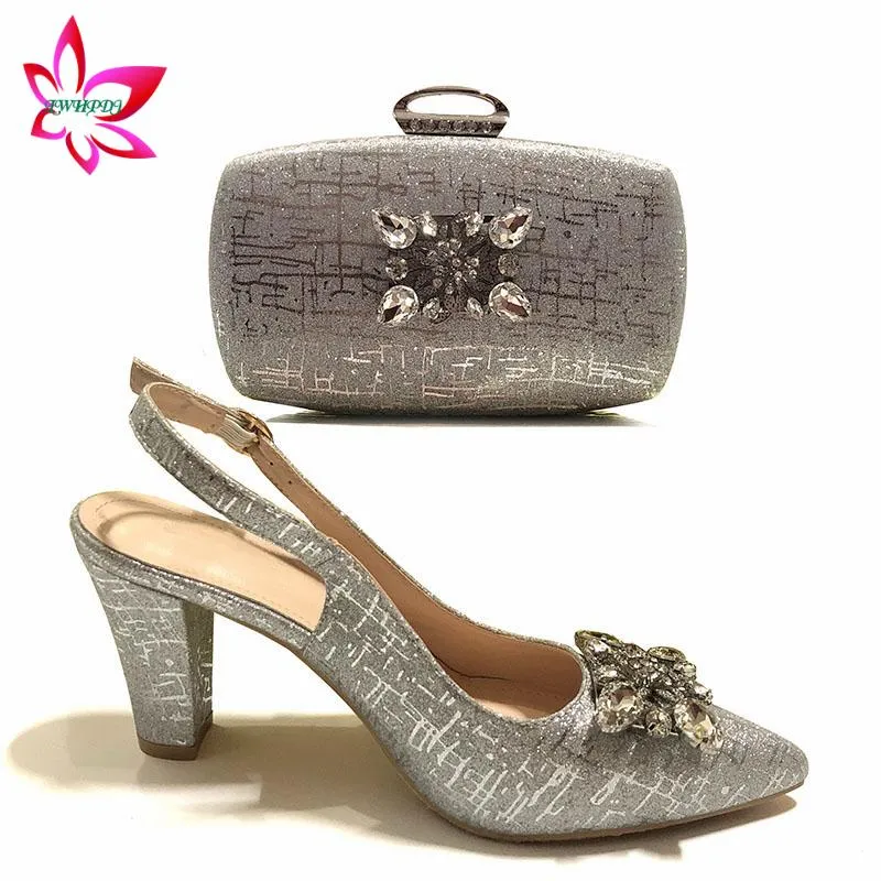 Dress Shoes High Quality 2021 Summer Design Italian Ladies Party Matching And Bag Set In Silver Color Women Shoe
