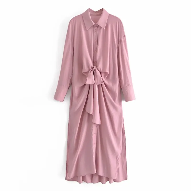 Women Lace Up Bowknot Side Slit Pink Midi Shirt Dress Female Long Sleeve Clothes Casual Lady Loose Vestido D7523 210430