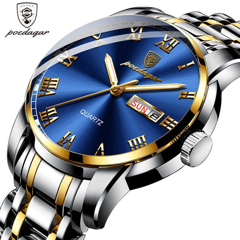 POEDAGAR Top Brand Luxury Mens Watches Luminous Waterproof Stainless Steel Watch Men Date Calendar Business Quartz Wristwatch 210728