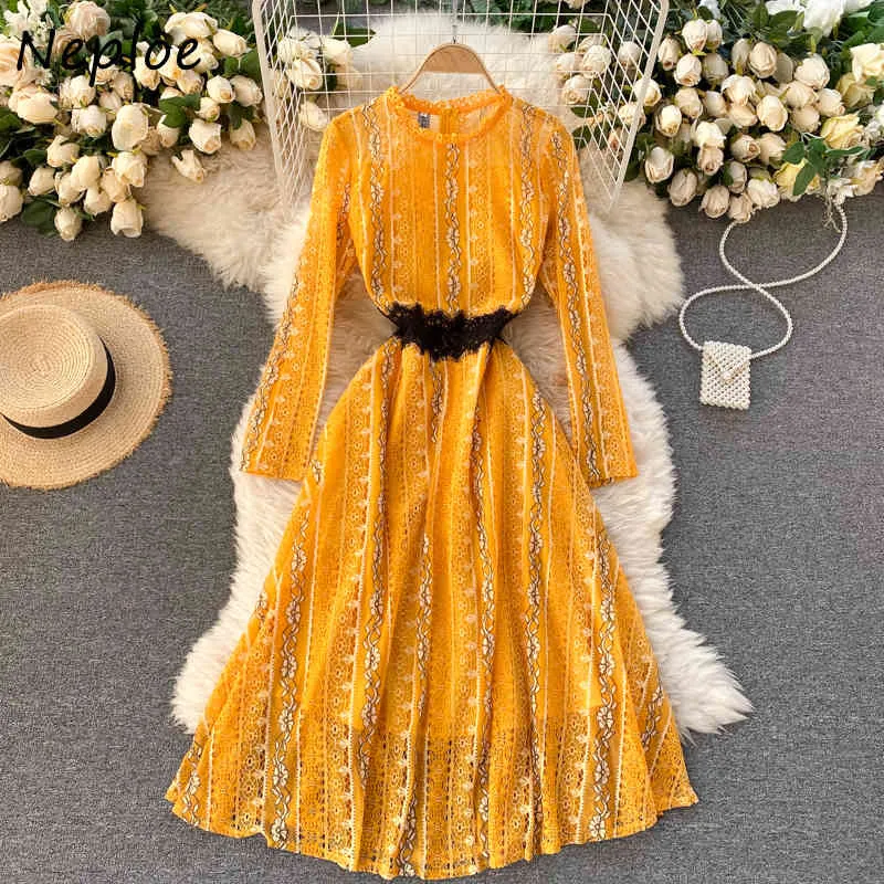 Neploe Heavy Work Lace Patchwork Hook Flower Dress Women High Waist Hip Sashes A Line Vestidos O Neck Long Sleeve Robe Solid 210423