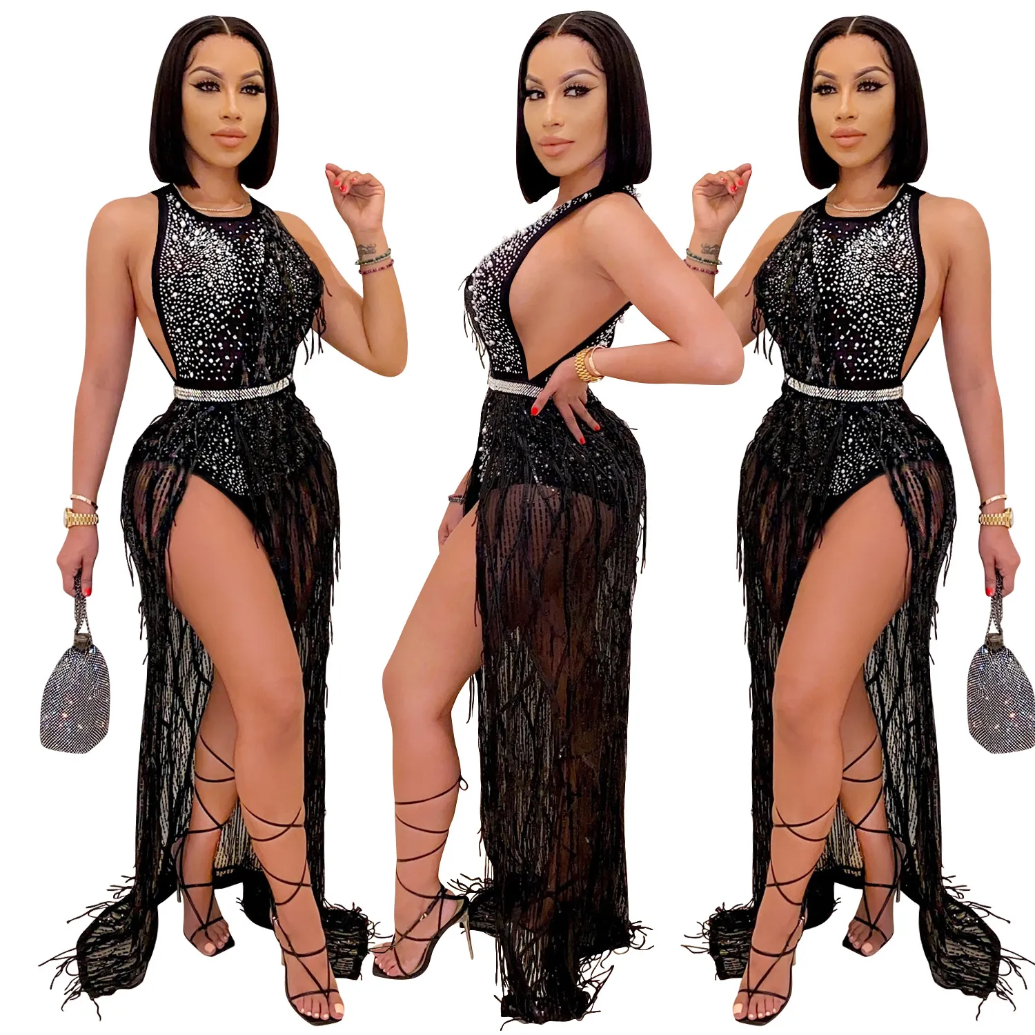 Mode sexy empire ras du cou femmes paillettes 2 pièces robes de soirée 2023 été femmes strass design robe belle discothèque serré net fil chemises femme vêtements