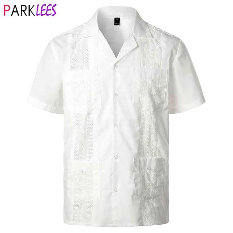 Vit Kubanskt Camp Guayabera Skjorta Män Stilfull Broderade Vävda Button-Down T Shirts Mexikansk Caribbean Style Beach Shirts 2xL 210522