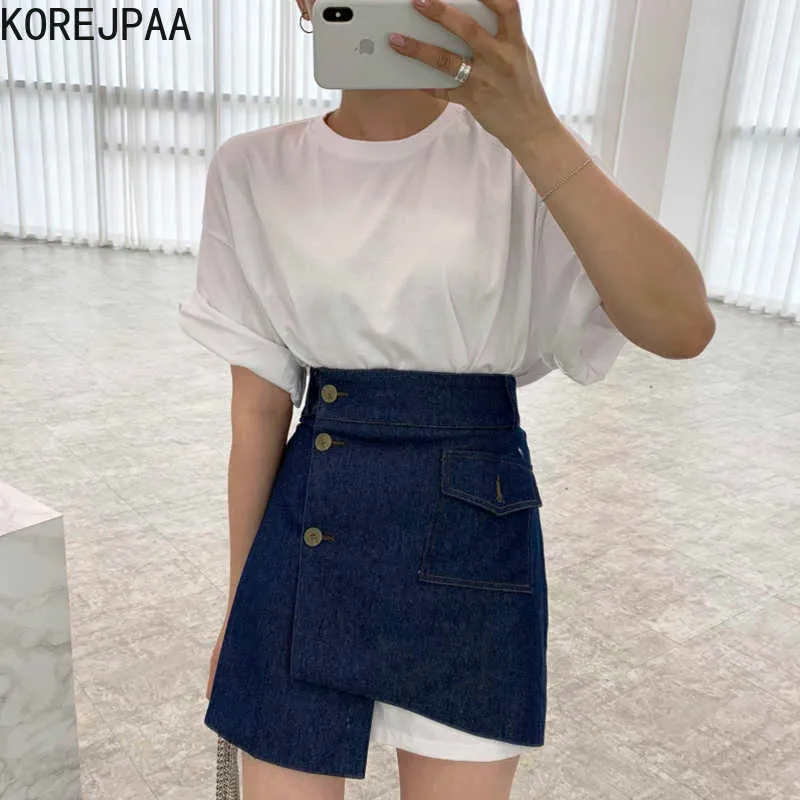 Korejpaa Frauen Sets Sommer Koreanische schicke Damen All-Match Rundhals Lose T-Shirt Hohe Taille Button Unregelmäßige Denim Röcke 210526