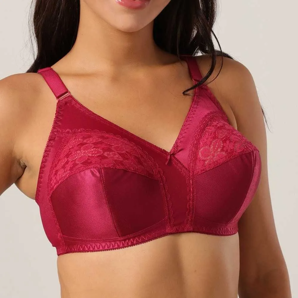 Full Cup Wireless Big Cup Bra Ultra-Thin Plus Size Underwear Lace Red Female European American C D E F Push Up Bras for Women 210623