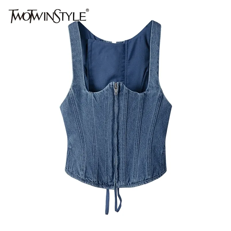 Cross Bandage Denim Vest For Women Square Collar Sleeveless Lace Up Bowknot Casual Tank Tops Female Fashion 210524