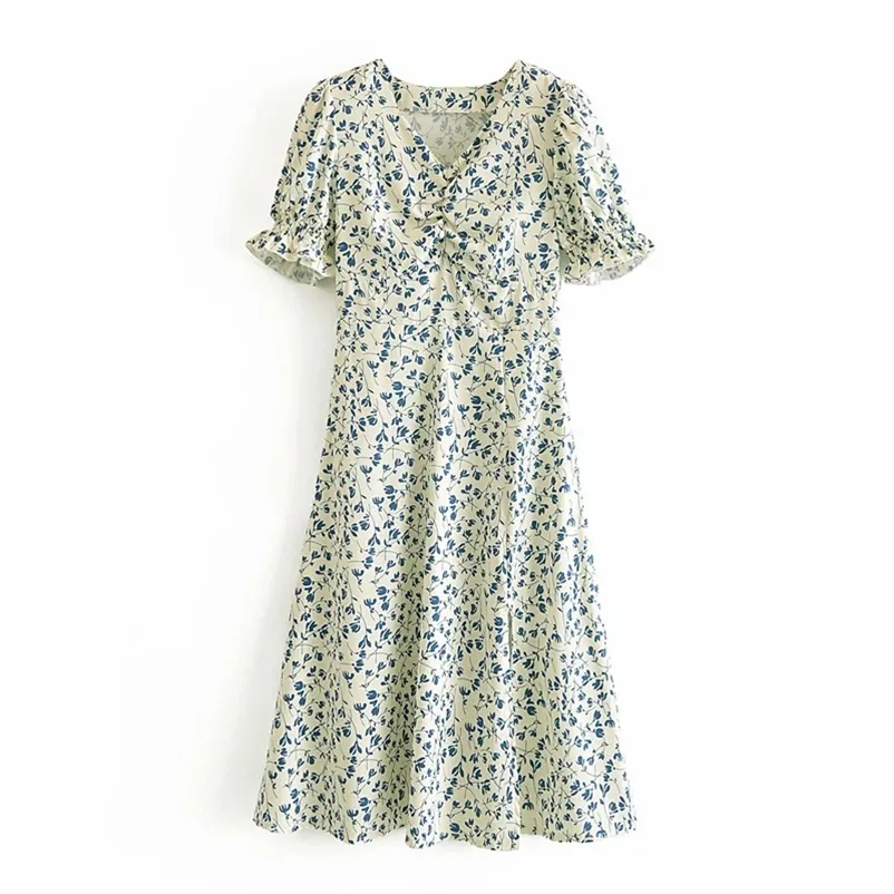 Doux femmes col en V manches bouffantes robe été mode dames collège Style mignon femme Floral Split 210515