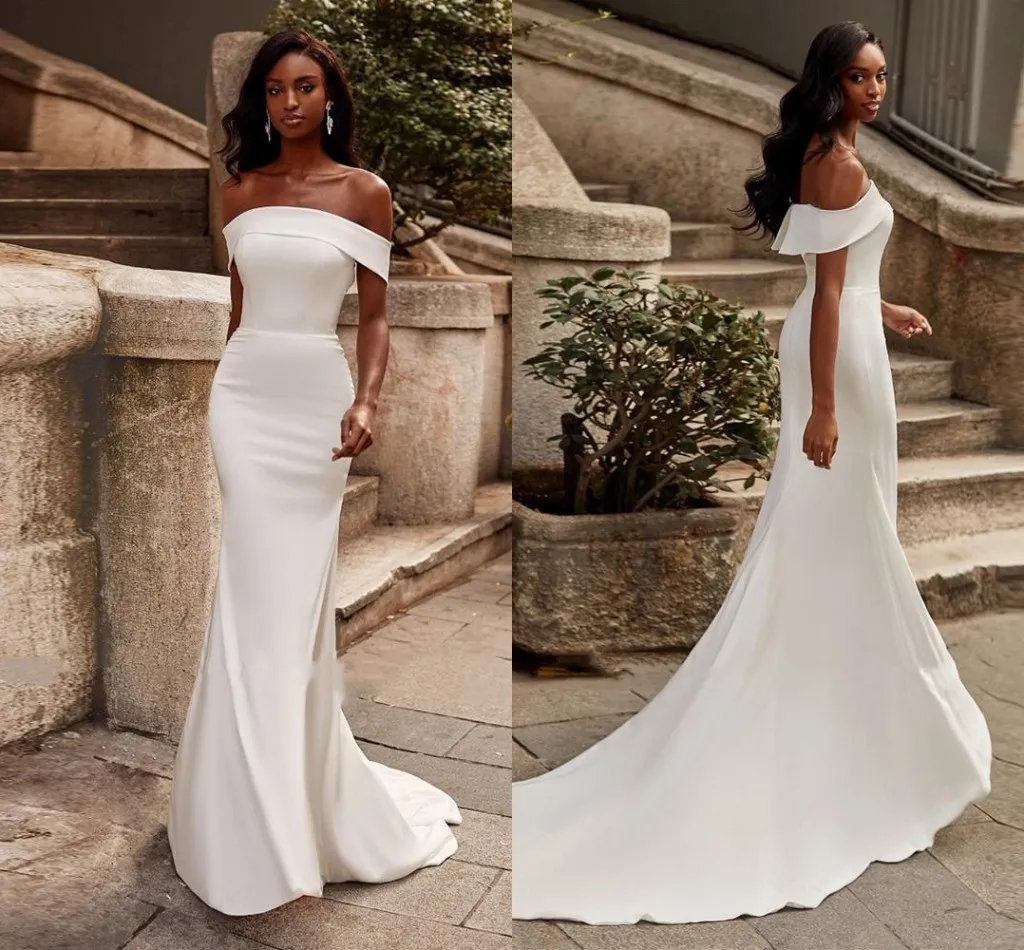 Simple Satin Bohemian Mermaid Wedding Dress Boat Neck Off Shoulder Zipper Back Court Train Bridal Dress Custom Made robe de mariée