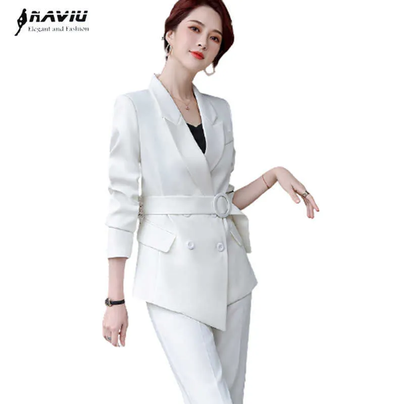 White Pants Suit Temperament Fashion High-End Buiness Formal Long Sleeve Blazer Sets Office Ladies Work Clothes Black 210604