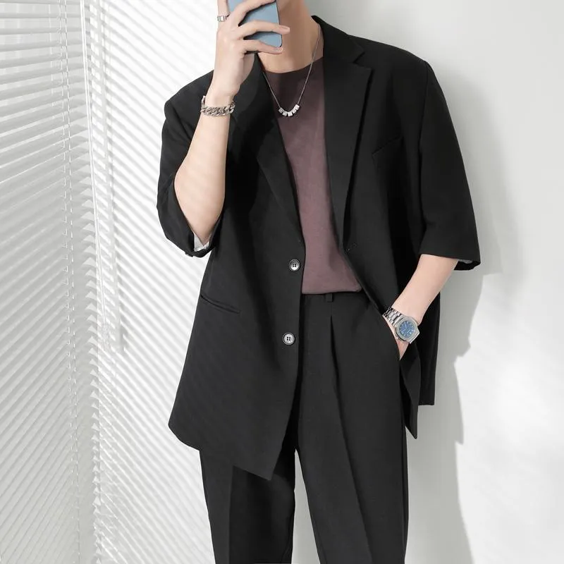 Men s Suits Blazers Male Wedding Suit Blazer Coat Men Streetwear Vintage Fashion Loose Casual Korean Short Sleeve Dress Jacket