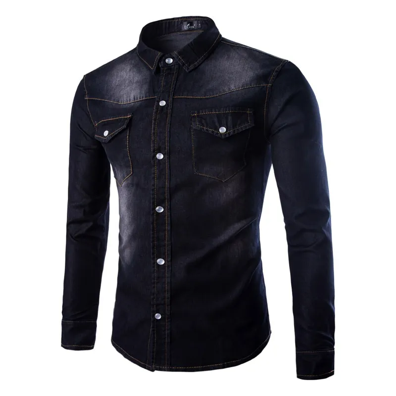 Tops à manches longues en coton de haute qualité Denim chemise Jeans Cardigan décontracté Slim Fit chemises hommes deux poches mode hauts pour hommes vêtements