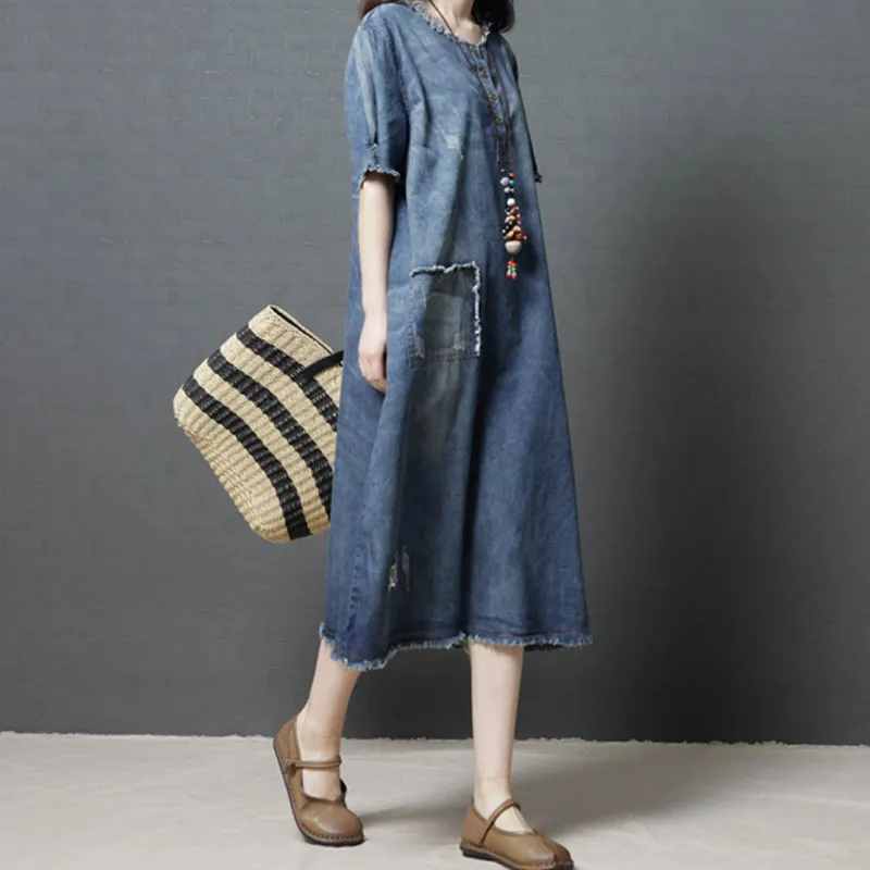 Korean Style Blue Denim Denim dress for Women - Vintage Summer O-Neck Patchwork Casual Cloth with Loose Fit (210521) Korean Style Blue Denim Denim dress for Women - Vintage Summer O-Neck Patchwork Casual Cloth with Loose Fit (210521)