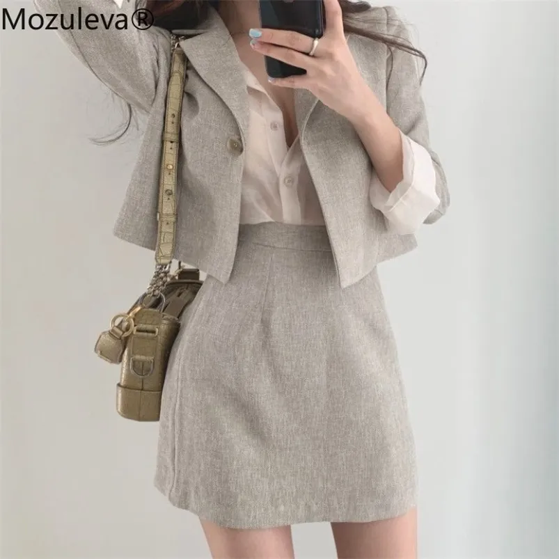 Mozuleva Korean Skirt Suits Full Sleeve Short Blazer Coat + Slim High Waist Skirts Mini Solid Slim Vintage 2 Pieces Set 210730