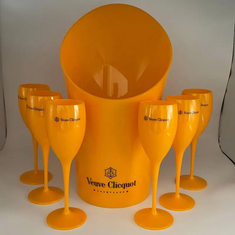 1 Ice Bucket 6 Small Glass Party Coupes Tail Champagne Flutes Goblet Plastic Orange Whiskey Cups and Cooler