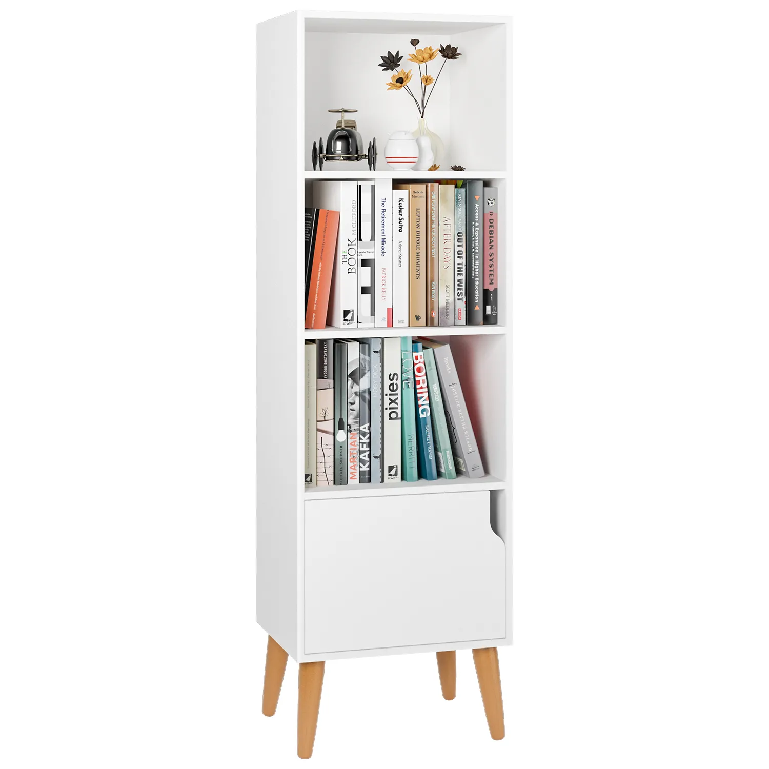 Bookcase branco 4 níveis de esteira Freestanding cubos unidades de armazenamento display prateleiras modernas sala de estar móveis com 1 porta 40x30x129.5cm