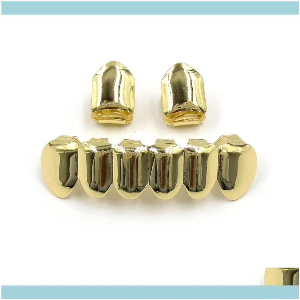 18k Gold Plated Copper Teeth Braces Plain Hip Hop Up 2 Bottom 6 Teeth Grillz Dental Mouth Fang Grills Tooth Cap jllXpP 