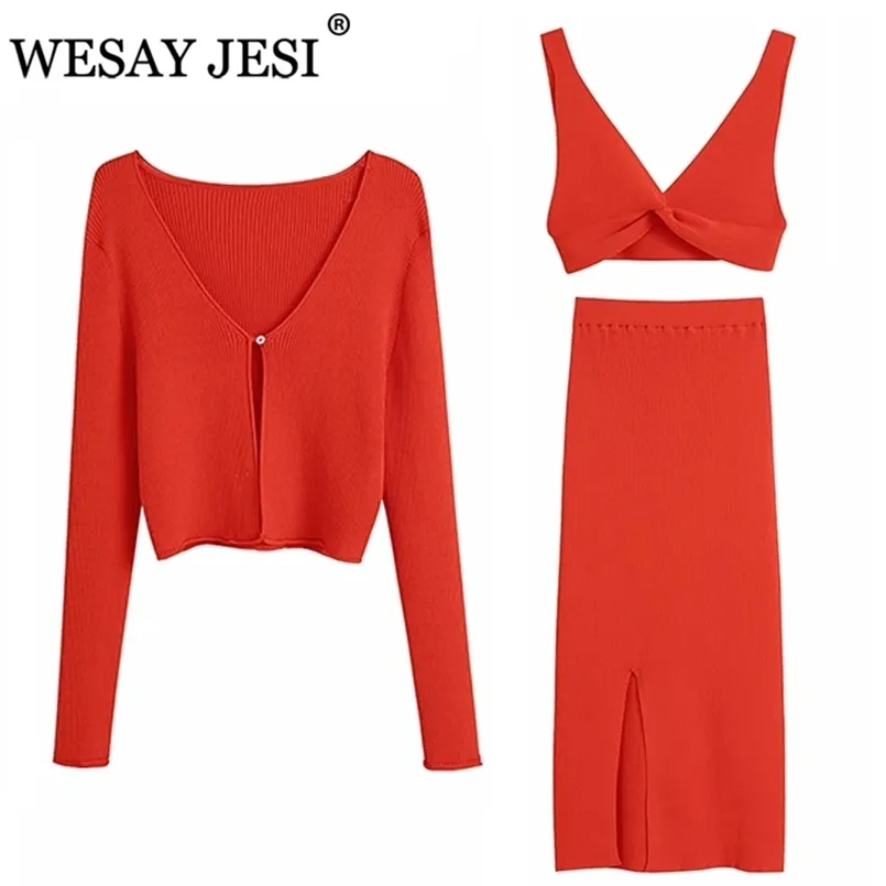 WESAY JESI Women's Suit With A Skirt Long Green Knitted Three-piece For Women Slim V-Neck Cardigan 211101