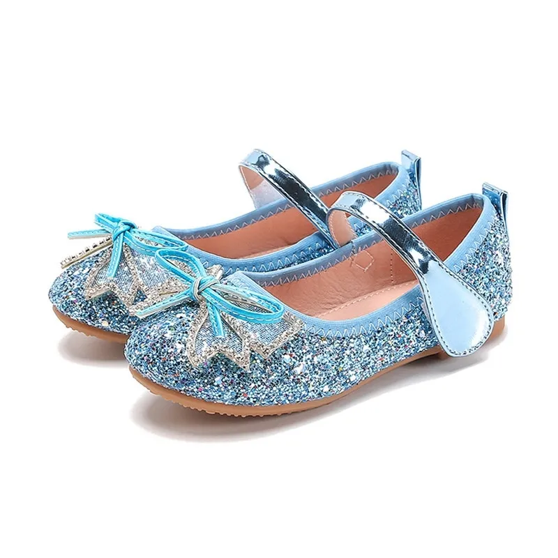 Chegadas Crianças Grandes Meninas Dança Sapatos Bling Lantejoulas De Cristal Bow Liso Salto Princesa Sapatos Para Crianças Meninas Azul Sole Sole 210713