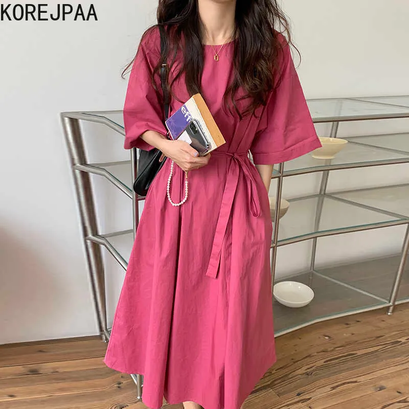 Korejpaa Frauen Kleid Sommer Koreanische Chic Damen Sanfte Rose Rot Rundhals Lose Krawatte Taille Kurzarm Große Schaukel Vestido 210526