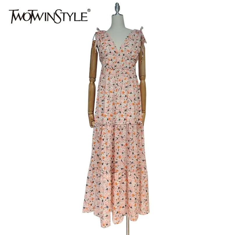 Sling Vintage Print Dress Pour Femmes Col En V Sans Manches Taille Haute D'été Rose Robes Femme Mode Vêtements 210520