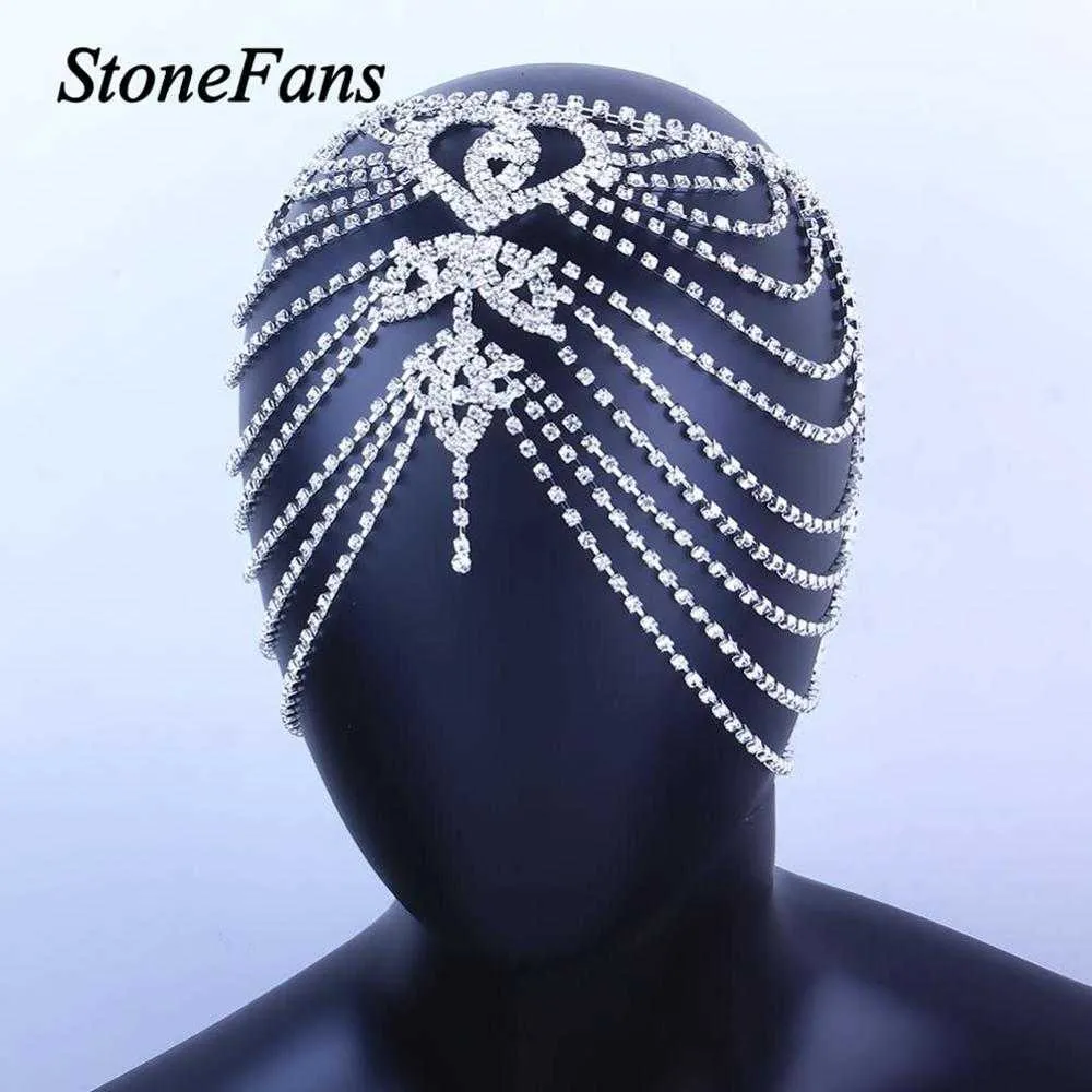 Stonefans Lüks Rhinestone Alın Takı Hint Başlığı Kadınlar Için Gelin Kristal Saç Aksesuarları Kalp Kafa Zincir Şapka X0625