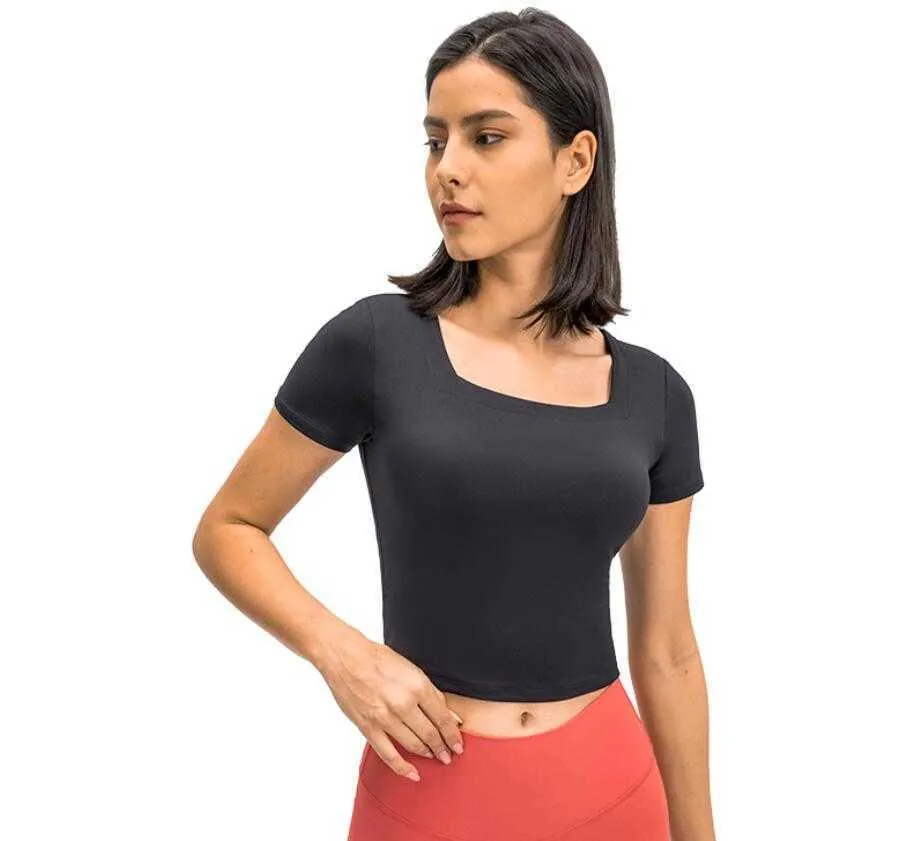 Yoga Top Mulheres Manga Curta U Collar Slim Fit Running Treino Atlético Esporte T-Shirt Sólido Fitness Exercício Ginásio Roupas