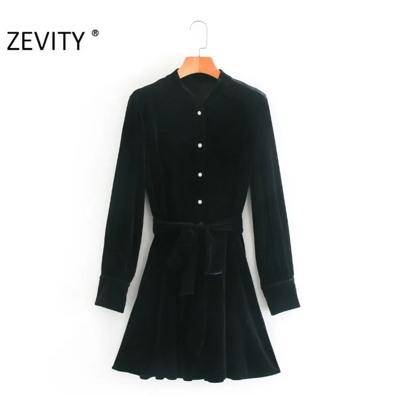 Autumn Women Vintage Stand Collar Black Velvet Shirt Dress Ladies Chic Long Sleeve Bow Tied Sashes A line Vestido DS4568 210420