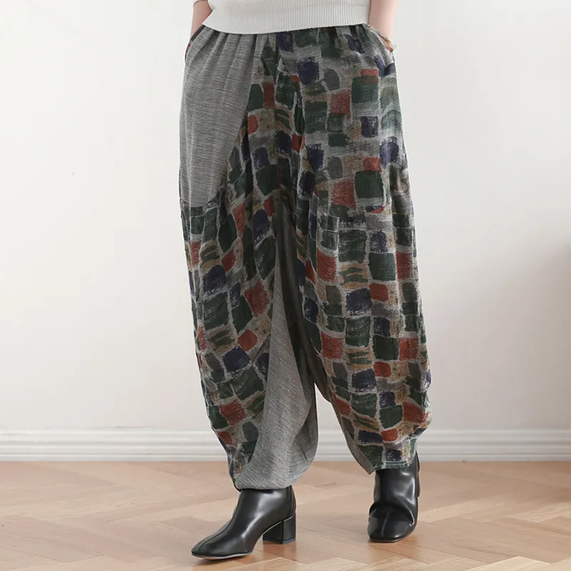 Johnature Autunno Cotone Lino Pantaloni Harem per le donne Elastico in vita Tasche dei pantaloni Patchwork Pantaloni vintage di alta qualità 210521