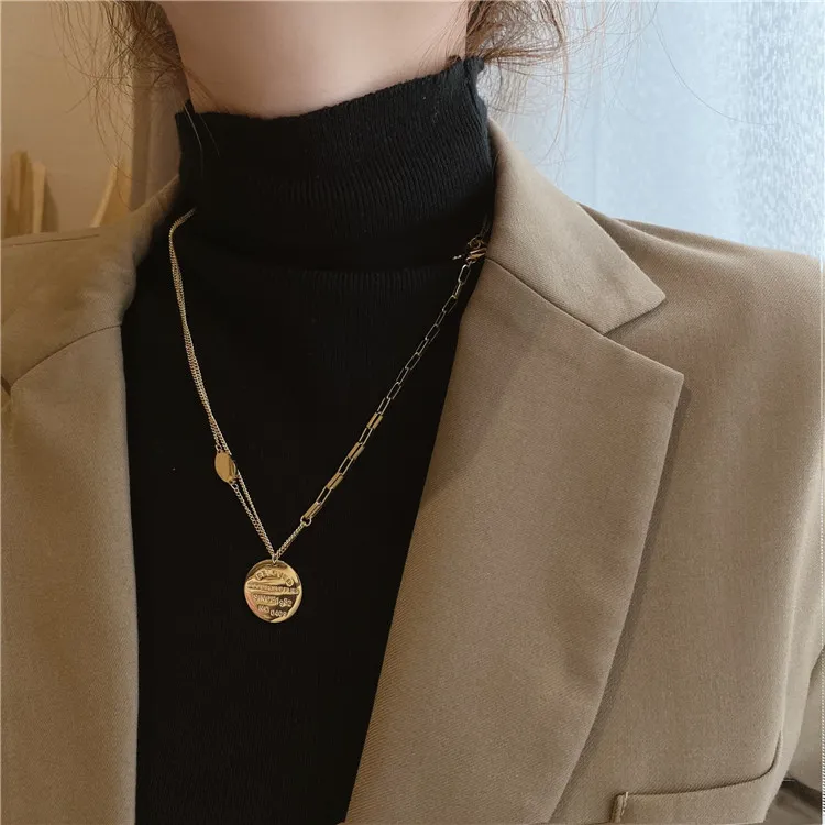 Print Beloved Letters Gold Geometry Metal Round Tablet Pendant Necklace For Women Fashion Long Sweater Chain Neck Korean New Trendy Jewelry