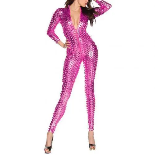 Kvinnor byxor capris kvinnor mesh hål blixtlås faux patent läder tight jumpsuit nattklubb bodysuit bra för festklubbkläder perfekt gif dozq