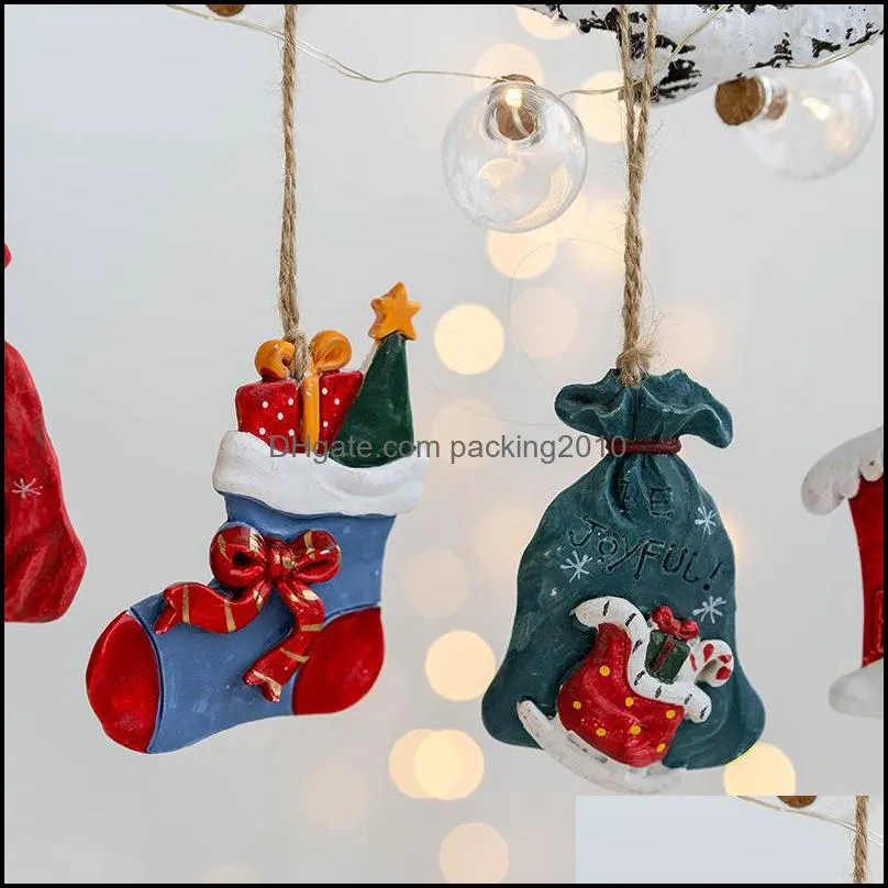Christmas Pendant Christmas Socks Gift Bag House Snowman Resin Pendants Xmas Tree Decorations LLA9126