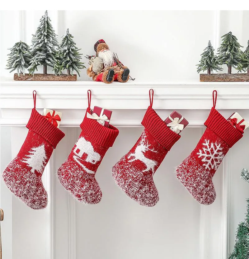Knitted Wool Christmas Stockings 42cm*19cm Large Xmas Socks Red Fireplace Decorative Items