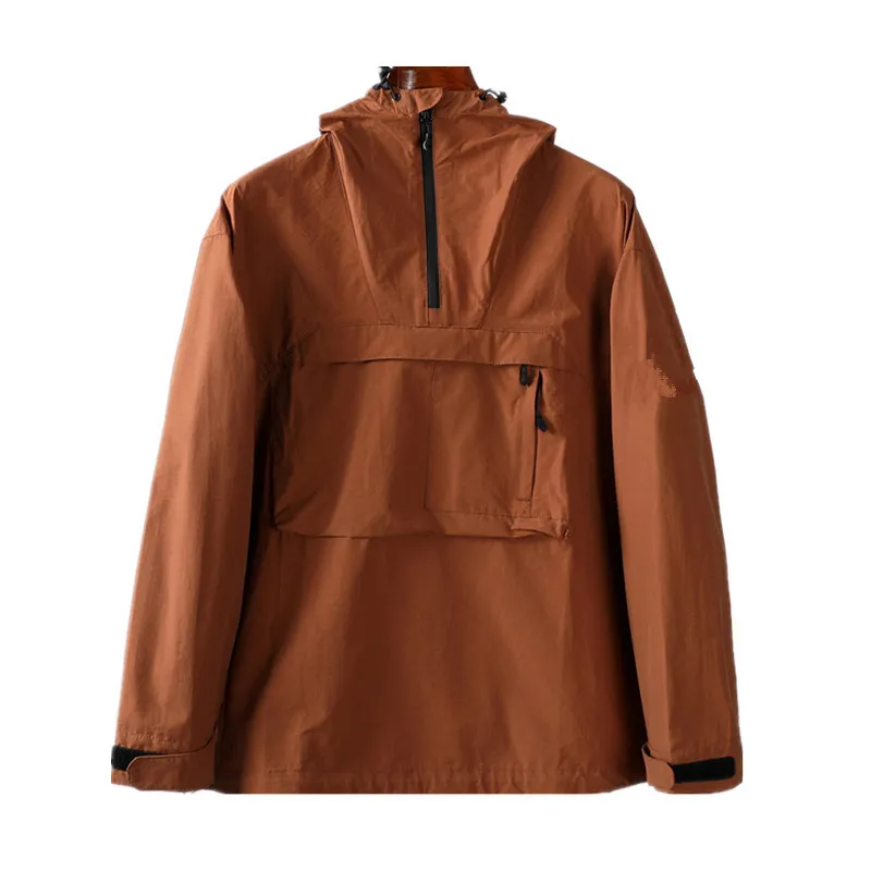 New hooded half zip pocket jackets Youth fashion European and American Large size casual jacket Men's coat fabric Mens sheath Rainwater