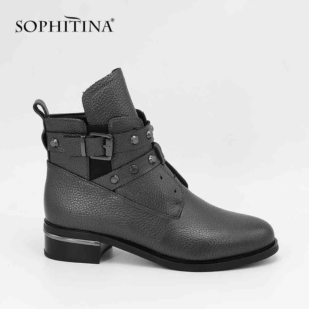 Sophitina Kobieta Botki Wysokiej Jakości Okrągłe Toe Niskie Kwadratowe Obcasy Lady Buty Prawdziwej Skóry Handmade Zipper Buty SL24 210513