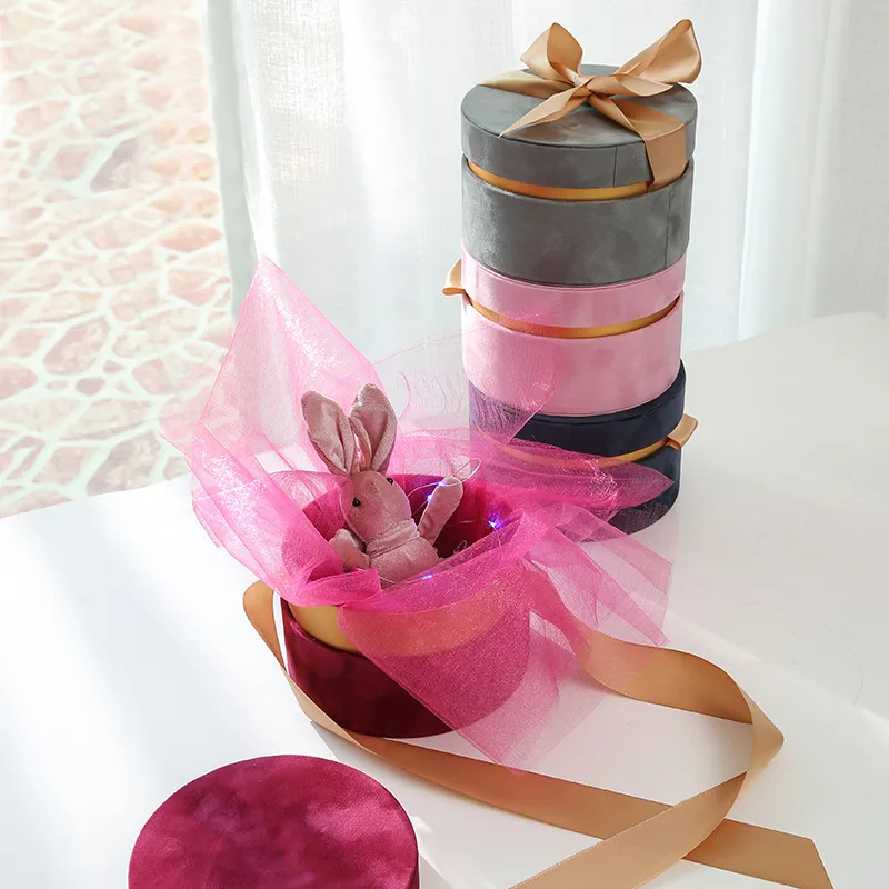 Rund Velvet Flower Hat Box med Bowknot och Lock Luxury Presentkartonger Rose Bouquet arrangemang Present Surprise Box Floristry DIY 2195 V2