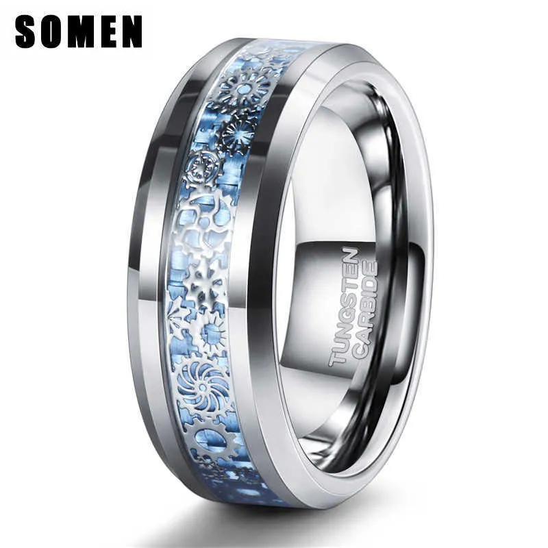 Somen Silver Color Tungsten Men Luxury Wedding Band Male Blue and Gears Inlay Cool Design Rings 8mmParty Jewelry