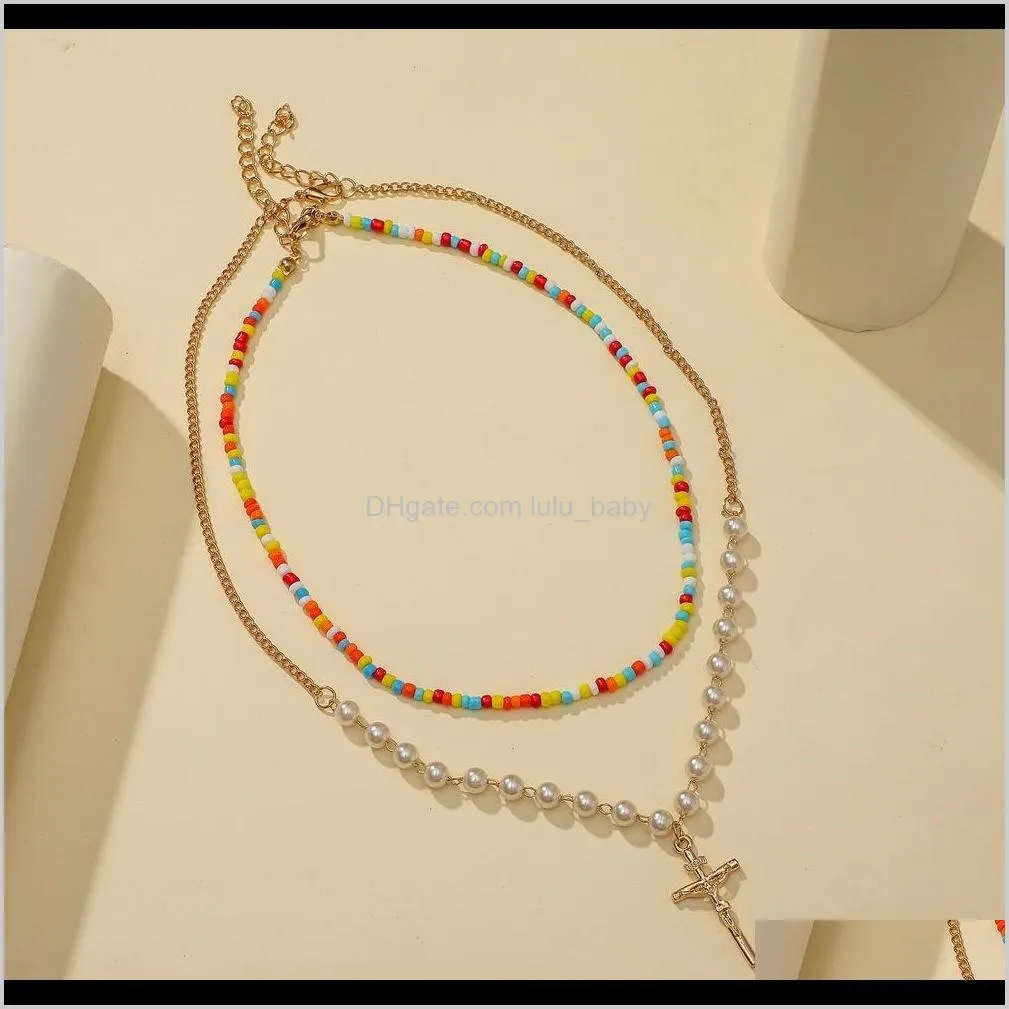 s1708 hot fashion jewelry double layer chain faux pearls colorful beads necklace cross pendant necklace