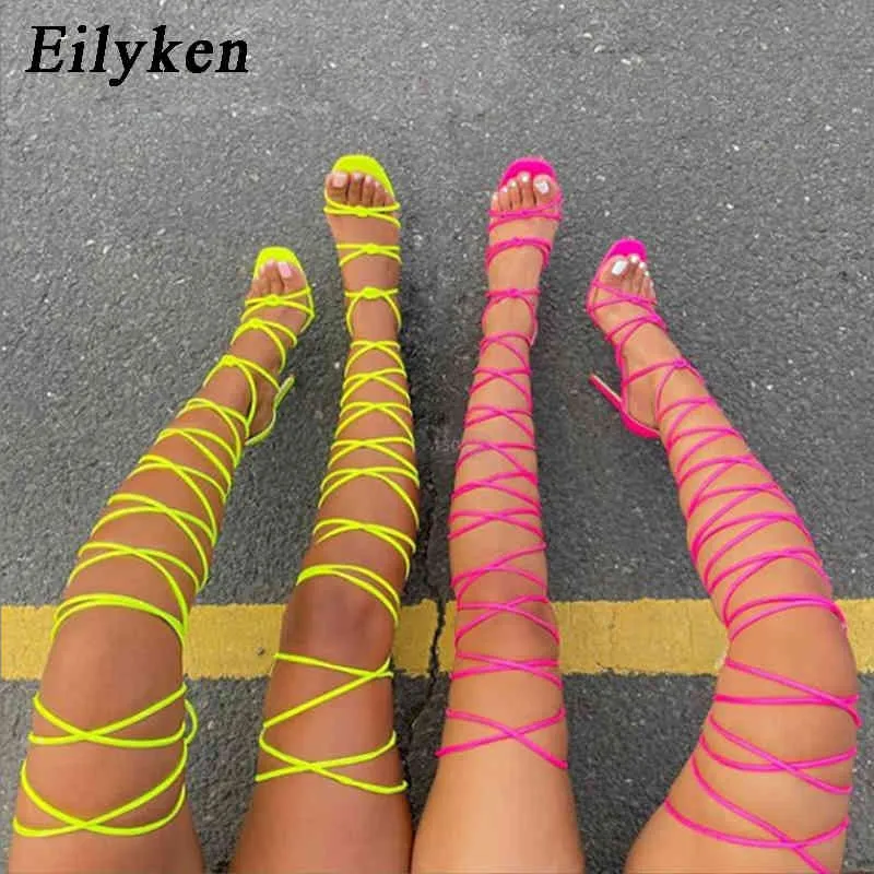 Eiluken Sexy Cienkie Szpilki Damska Kostka Krzyżowa Sandały Sandały Fluorescencyjne Zielone Otwórz Toe Stiletto Party Damskie Buty Y0305