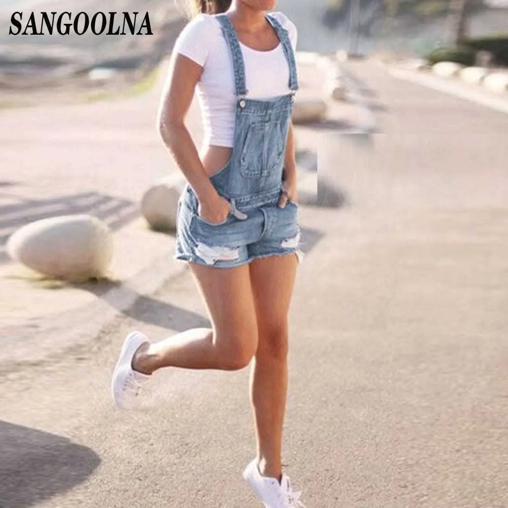 Kort denim Overaller Kvinnor Hål Kort Jumpsuit Hög midja Casual Jeans Playsuit Tvättade Salopette Straps Sommar Jeans Romper 210616