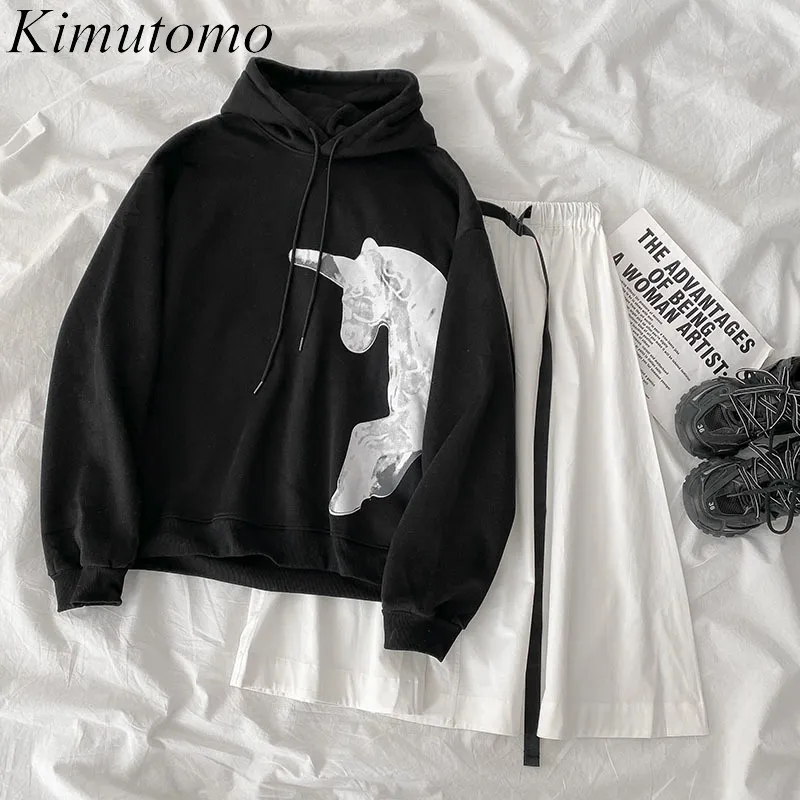 Kimutomo mode två styck set kvinnor vårstil hooded svart tryck långärmad hoodies och solid vit kjol elegant 210521