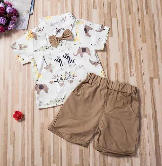 Ensemble 2 pièces pour bébé garçon, vêtements avec chemise à manches courtes et pantalon imprimé d'animaux de dessin animé