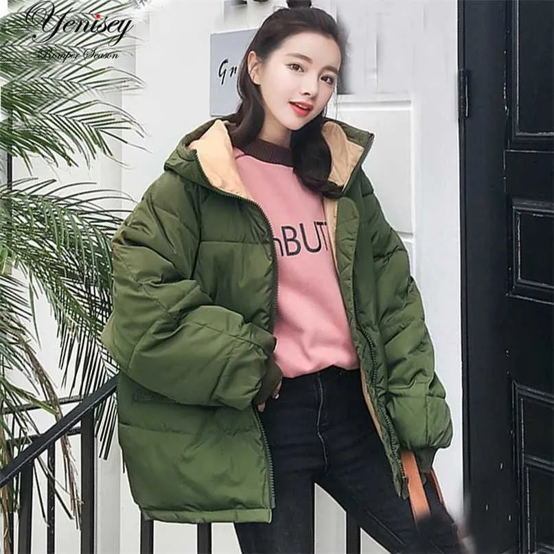 oversize Real Full Zipper Solid Fashion Cotton Giacca imbottita in cotone Più grandi cantieri con cappuccio Warm Q17 Winter Jacket Women 211108